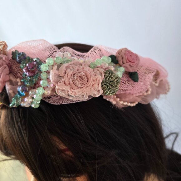 Handmade Pink Rose Crown Flower Tiara 1920s-Style  Fairycore Romantic Headband